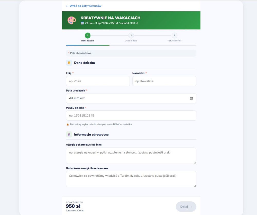 Formularz zapisu dziecka — krok pierwszy