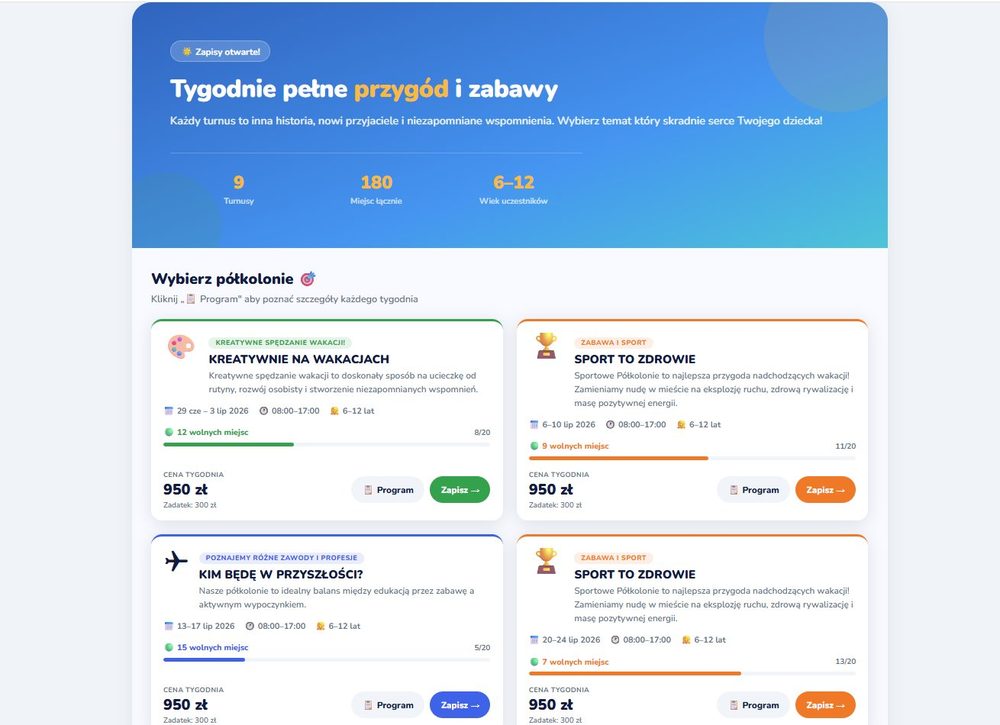 Strona zapisów widoczna dla rodziców — wybór turnusów